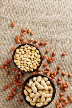 Peanuts in the shell and peeled closeup in a cup. Background with peanuts. Roasted peanuts in the shell and peeled on a background of brown cloth in cups