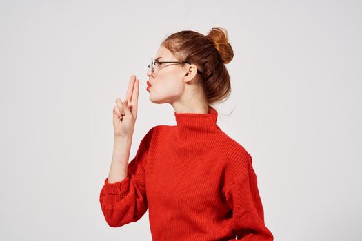 portrait of a woman Red lips attractive look Studio fun model. High quality photo