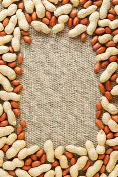 Peanut in shell and peeled peanuts closeup. Background with peanuts. Roasted peanuts in a shell and peeled on a brown fabric background.