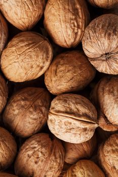 Natural walnut background pattern texture Abstract walnuts heap pattern background Blurred edges frame Natural food in-shell nuts walnuts pattern backdrop Walnuts in shell background dramatic contrast.