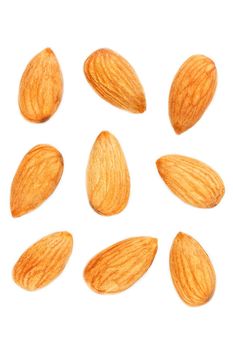 Almond isolated. Nuts on white background. Collection. Clipping path included. Full depth of field. Macro