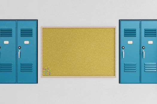 cork board with thumbtacks on the wall next to school lockers. school bulletin board. 3d rendering