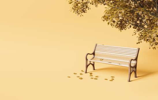 park bench under autumn tree with fallen leaves on soft studio background. concept of autumn, winter and outdoors. 3d rendering