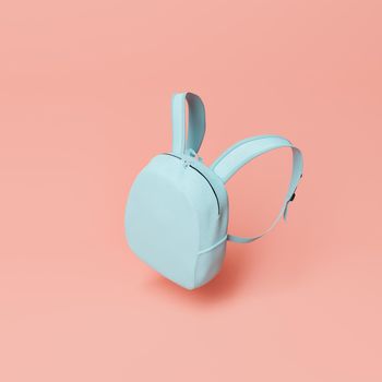 minimalistic scene of a small blue school bag floating in the air with a red pastel background. concept of education and back to school. 3d rendering