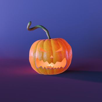 illuminated pumpkin with angry Halloween face and a candle in illuminating its inside. neon lighting. autumn, Halloween and witches night concept. 3d rendering
