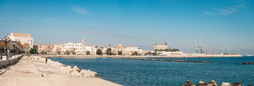 Bari, Italy - 07 NOVEMBER, 2018: Panorama of embankment of small south town Bari in Italy. Panoramic view of Bari promenade.