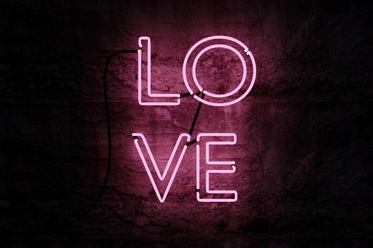 3d illustration . Neon sign. Retro neon Love sign on cement wall . CONCEPT Happy Valentine's Day. for design, greeting card, banner.