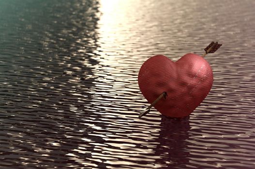 3d illustration. Cupid heart arrow on water background. space for text