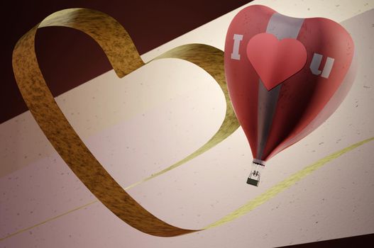 3d illustration. Happy Valentine's Day greeting card with heart shape hot air balloon . SPACE FOR TEXT