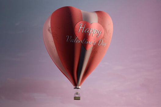 3d illustration. Happy Valentine's Day greeting card with heart shape hot air balloon