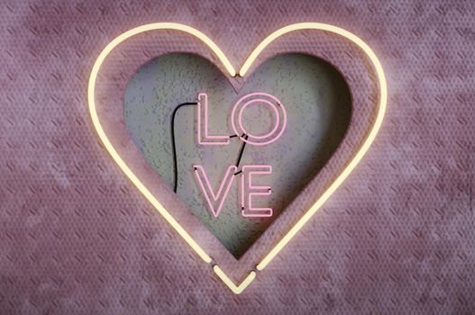 3d illustration . Hole heart shaped inside Retro neon Love sign on cement wall . CONCEPT Happy Valentine's Day.