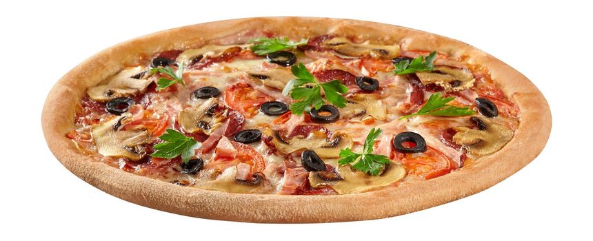 Closeup of delicious pizza with ham and bacon slices, spicy salami, mushrooms, juicy tomatoes and olives in cream cheese sauce garnished with fresh greens isolated on white background. Popular snacks