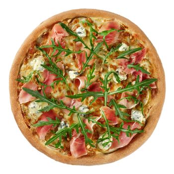 Top view of traditional Italian Pinoli pizza with cheese and cream sauce, mozzarella, tender prosciutto and gorgonzola combined with sweet pears and slightly roasted pine nuts garnished with arugula