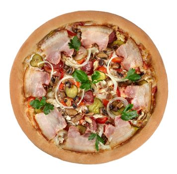 Hearty pizza in rustic style with chicken, hunting sausages and bacon in combination with pickles, mushrooms, onions and greens based on cheese sauce. Top view isolated on white background