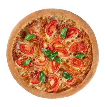 Top view of whole Neapolitan pizza Margherita with tomatoes, mozzarella cheese and fresh basil leaves isolated on white background. Traditional Italian cuisine