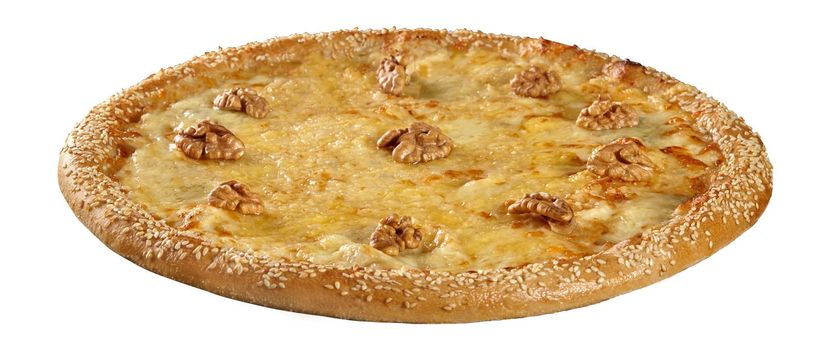 Closeup of whole cheese pizza with mozzarella, parmesan, emmental, gorgonzola and walnuts sprinkled with sesame seeds on dough edge