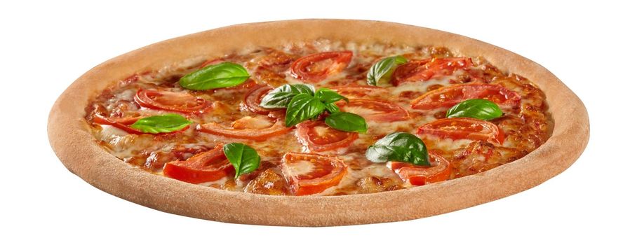 Closeup of delicious pizza Margherita with cheese crust of melted mozzarella, ripe tomatoes and fresh aromatic basil leaves isolated on white background. Authentic Italian cuisine