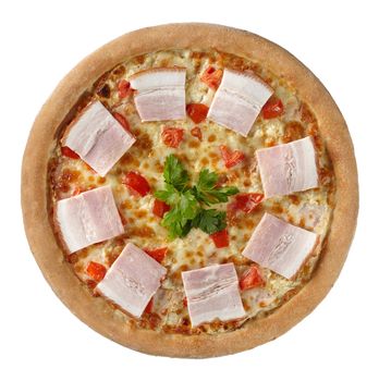 Top view of appetizing pizza with cream cheese sauce topped with tomatoes and bacon slices garnished with fresh parsley isolated on white background