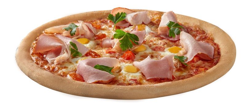 Closeup of tasty Italian pizza with finely sliced ham, quail eggs and tomatoes on pelati sauce base with melted mozzarella cheese and fresh herbs isolated on white background. Authentic cuisine