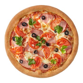 Top view of delicious pizza with ham, juicy tomatoes, black olives, fragrant greens on pelati sauce and melted mozzarella isolated on white background. Traditional Italian snack