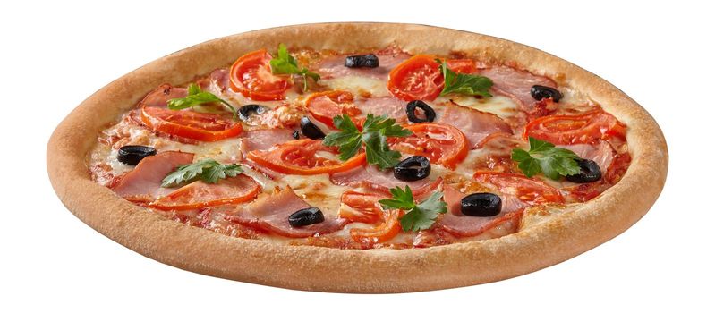 Closeup of appetizing juicy Italian pizza with ham slices, ripe tomatoes, black olives and fresh parsley leaves on layer of melted mozzarella with pelati sauce isolated on white background