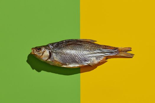 One jerky or dried salted roach, yummy clipfish on colorful background. Salty beer appetizer. Traditional way of preserving fish. Close up, copy space, top view