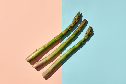 Three green raw asparagus stems on blue and pink background. Concept of healthy nutrition, food and seasonal vegetables harvest. Close up, copy space. Flat lay, top view