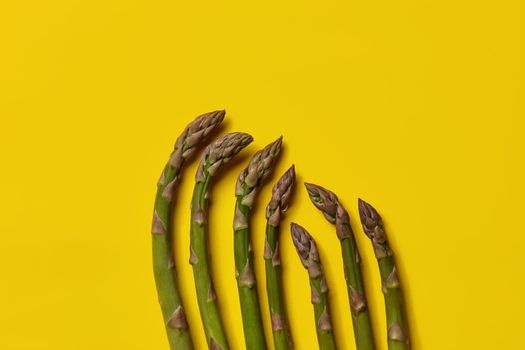 Ripe uncooked green asparagus spears against yellow background. Concept of healthy nutrition, food and seasonal vegetables harvest. Close up, copy space. Flat lay, top view