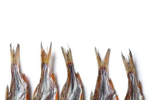 Jerky or dried salted roach tails, delicious clipfish isolated on white background. Popular beer appetizer. Traditional way of preserving fish. Close up, copy space, top view