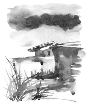 Ink painting of landscape with house, grass and cloudy sky. Oriental traditional painting in style sumi-e.