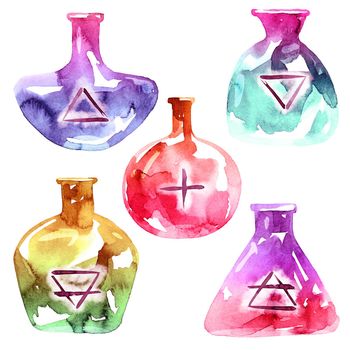 Watercolor hand-drawn bottles with alchemy symbols