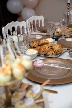 Elegant sweet table with sweets and decoration baby shower party celebration baby girl