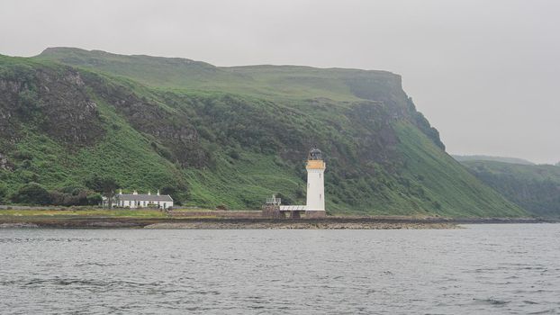 Rubha nan Gall lighthouse near Tobermory on the Isle of Mull facing the Sound of Mull, Hebrides, Scotland, UK