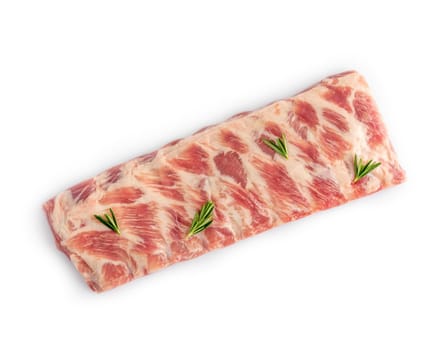 Closeup of raw spare lamb ribs with rosemary on white isolated studio background. Barbecue uncooked meat. Protein nutritious market fat bone. Delicious mutton steak. Horizontal overhead