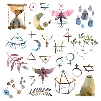 Set of alchemy symbols - watercolor and ink illustration in vintage style