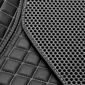 Texture of black leather background with square pattern and stitch, macro