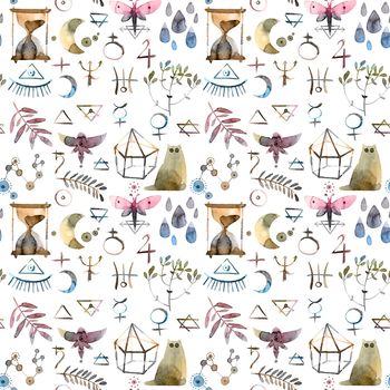 Seamless pattern of alchemy symbols - watercolor and ink illustration in vintage style