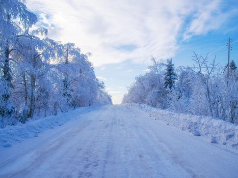 Snow-covered road among snow-covered trees in the winter Ural forest