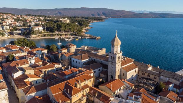 Aerial view of historic Adriatic town of Krk , Island of Krk, Kvarner bay of Adriatic sea, Croatia, Europe.