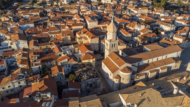 Aerial view of historic Adriatic town of Krk , Island of Krk, Kvarner bay of Adriatic sea, Croatia, Europe.