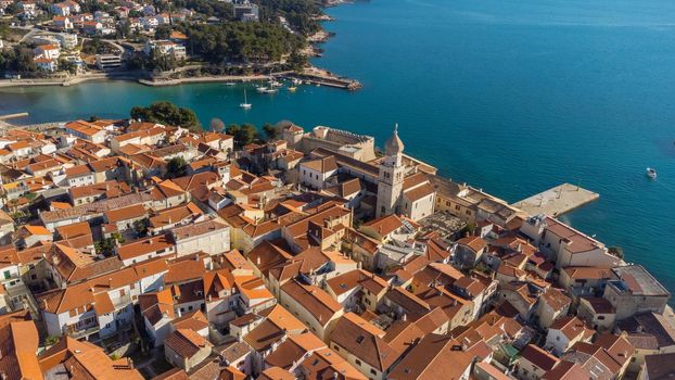 Aerial view of historic Adriatic town of Krk , Island of Krk, Kvarner bay of Adriatic sea, Croatia, Europe.