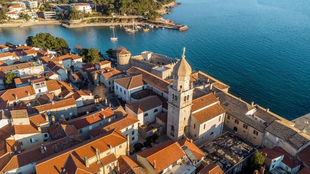 Aerial view of historic Adriatic town of Krk , Island of Krk, Kvarner bay of Adriatic sea, Croatia, Europe.