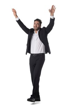 Happy businessman with arms up. Success context. Isolated over white background.