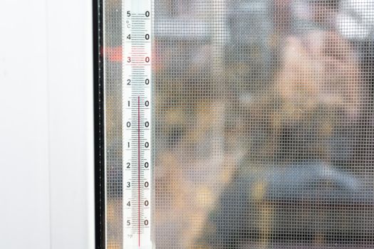 Street thermometer outside the window. Weather theme. Place for your text.