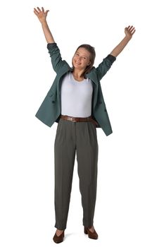 Full length portrait of successful young businesswoman raising her arms in joy. Isolated on white background