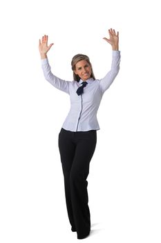 Full length portrait of successful young businesswoman raising her arms in joy. Isolated on white background