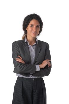 Smiling business woman with arms crossed, isolated on white background.