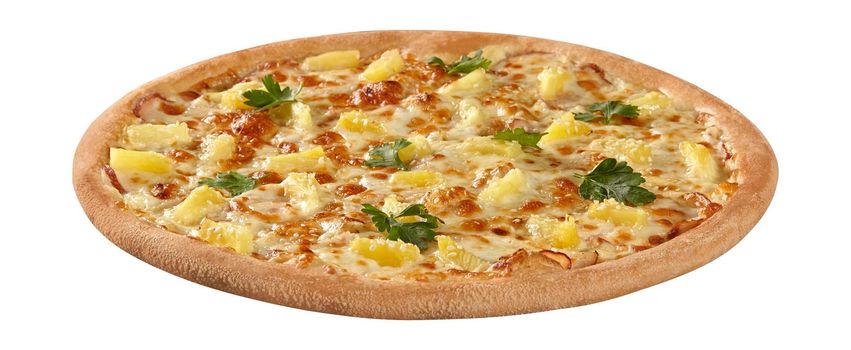 Closeup of classic Hawaiian pizza with delicate cream cheese sauce, melted mozzarella, chicken and sweet pineapple sprinkled with sesame garnished with fresh parsley isolated on white background