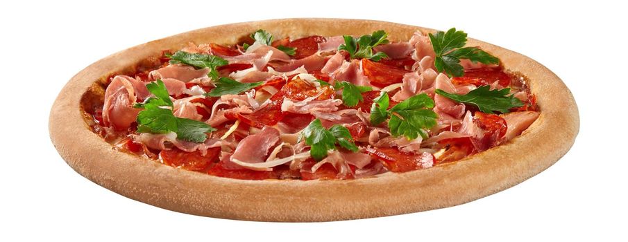 Delicious meat pizza with salami, smoked chicken and thin slices of Italian prosciutto on base with pelati tomato sauce and mozzarella cheese garnished with fresh parsley leaves on white background