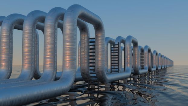 steel long pipes in crude oil factory on water. 3d illustration